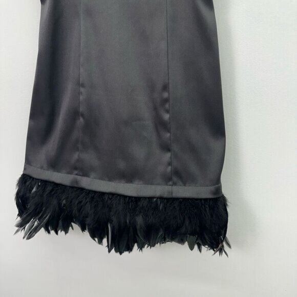Roberta Women’s Black Satin Mini Spaghetti Strap Mini Dress Feather Trim - Picture 6 of 10